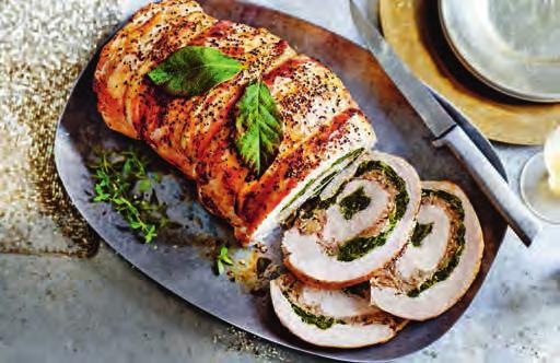 38 Succulent turkey breast, boned then layered with a pork, mushroom and spinach stuffing, rolled into an easy-carve joint and wrapped in smoked bacon and sprinkled with black pepper.