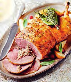 85 Part-boned tender goose filled with a pork, pear and sage stuffing and finished with a deliciously fruity apple and
