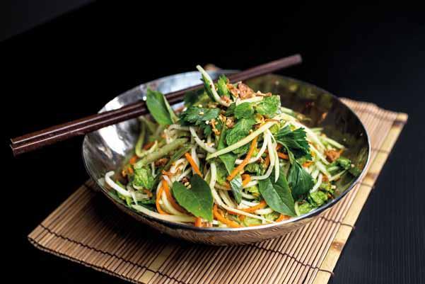 shallots GOI KHE THIT BO TAI 12 Beef & Star Fruit Salad fresh green coral lettuce, pickled carrot, onion, bean sprouts, fresh herbs and spicy ginger dressing sprinkled with