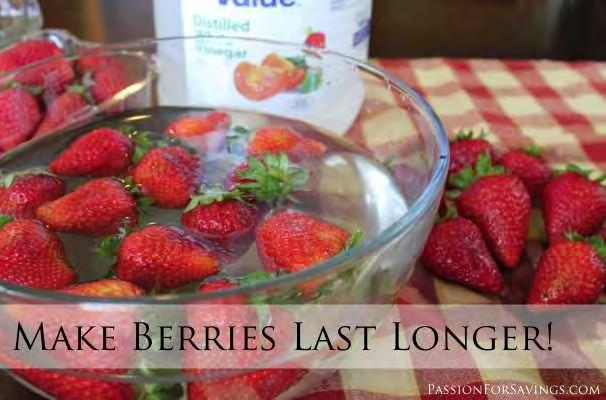 7. Use a vinegar solution to make your berries last longer. Prepare a mixture of one part vinegar (white or apple cider) and ten parts water.