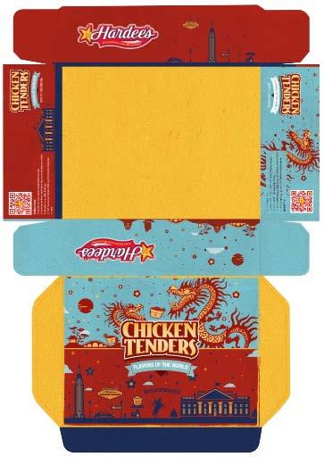 New Packaging: NEW: CHICKEN TENDERS BOX Take away only use the new Chicken Tenders Carton. Assemble the carton by folding the edges and placing the tabs in the appropriate slots.