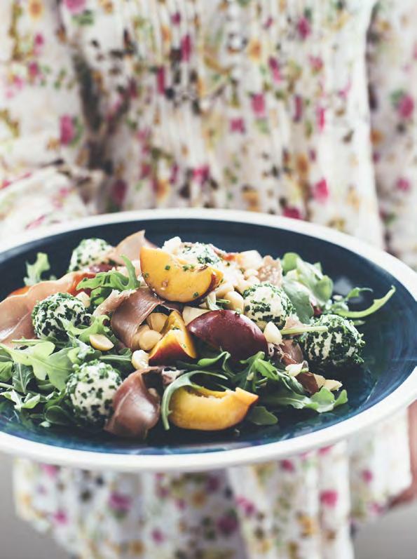 Summer salad with macadamia cheese chive balls 100g wild rocket leaves 8 slices prosciutto, torn into large pieces 1 large yellow peach, cut into wedges 1 large nectarine, cut into wedges 6 macadamia
