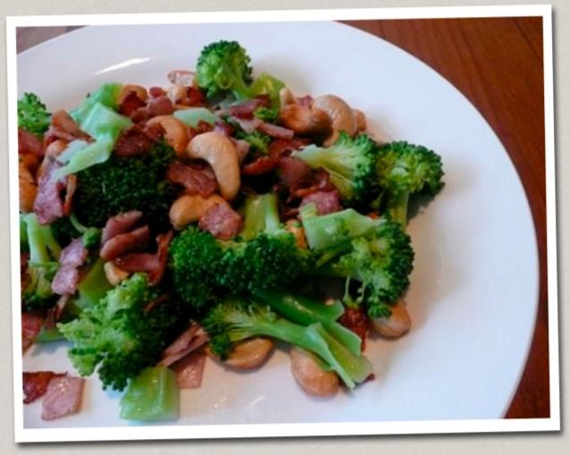 Broccoli, Bacon and Cashew Salad 1 broccoli, cut into florets and stalk diced 3 rashes of bacon, fat removed, diced ½ cup toasted cashews 1tbs oil Boil broccoli in water on high heat for 5 7minutes