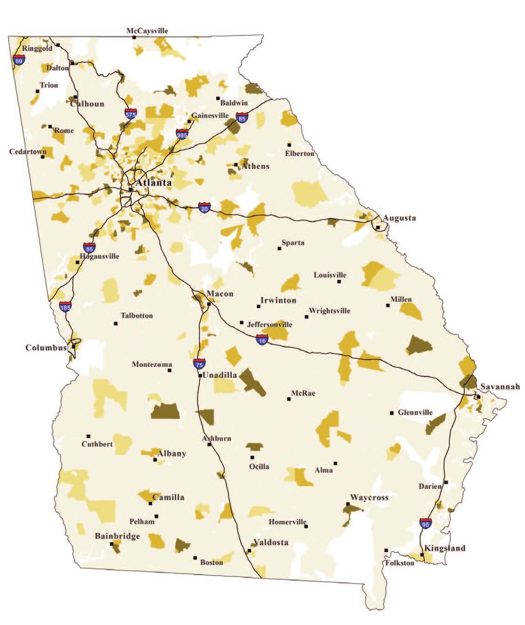 concentrated along major highways and in suburban areas, while urban centers, as well as rural communities throughout Georgia, are relatively underserved.