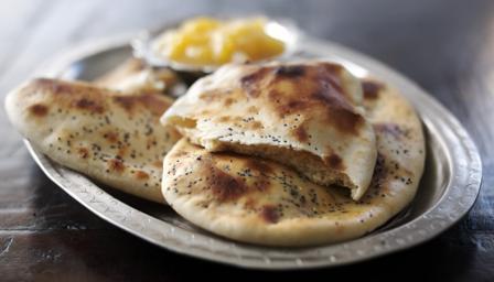 3. Naan bread ½ of a 7 g sachet of dried yeast (1/2 tsp) 250 g strong white bread flour, plus extra for dusting 45g butter ½ tablespoon sea salt 1 tablespoon sesame/poppy seeds 1.