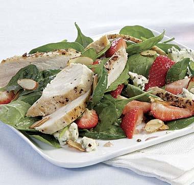 monday Spinach Salad with Chicken, Strawberries, Blue Cheese, and Almonds Active/total time: 20 minutes This salad is a great way to celebrate strawberry season.
