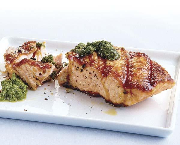 tuesday Grilled Salmon with Walnut-Arugula Pesto Active/total time: 25 minutes Arugula gives this pesto a deliciously peppery finish, which complements the richness of the salmon.