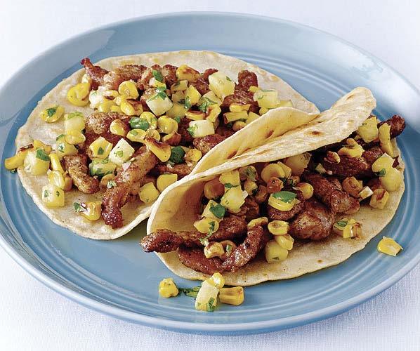 wednesday Pork Fajitas with Pan-Roasted Corn and Pineapple Salsa Active/total time: 30 minutes to 6 Strips of spiced pork get quickly seared and then topped with a sweet and tangy salsa in this fresh