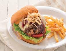 Cowboy Burgers 1½ pounds lean ground beef ½ pound uncooked bacon, chopped 3 tablespoons Roasted Onion Burger Starter ½ teaspoon Seasoned Salt 6 slices pepper jack or Monterey Jack cheese Lettuce