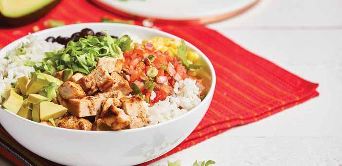 Chipotle Chicken Bowl Serves 4 Marinade juice of ½ lime ¼ cup olive oil 1 1-oz packet taco spice mix 4 boneless chicken breasts Lime Rice 3 ½ cups water 2 cups rice 1 tbsp. olive oil 2 tsp.