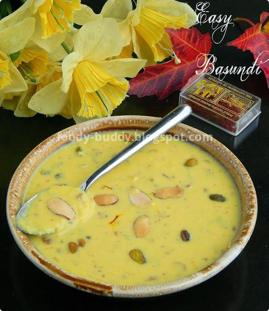 recipe for diwali. Addition of almonds and pistachios to basundi recipe adds a nice crunch to this creamy dessert. Saffron imparts color and flavor to the dish.