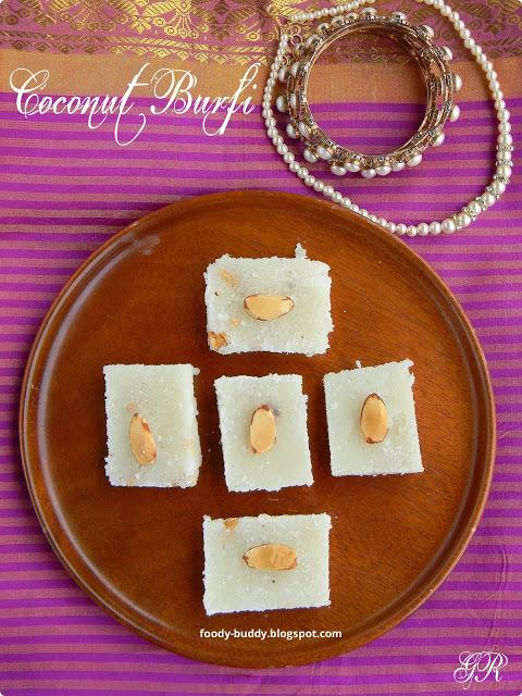 Coconut Burfi / thengai burfi (Burfee / Barfi ) is a sweet confectionery from India and it is made with coconut, sugar, ghee and nuts.