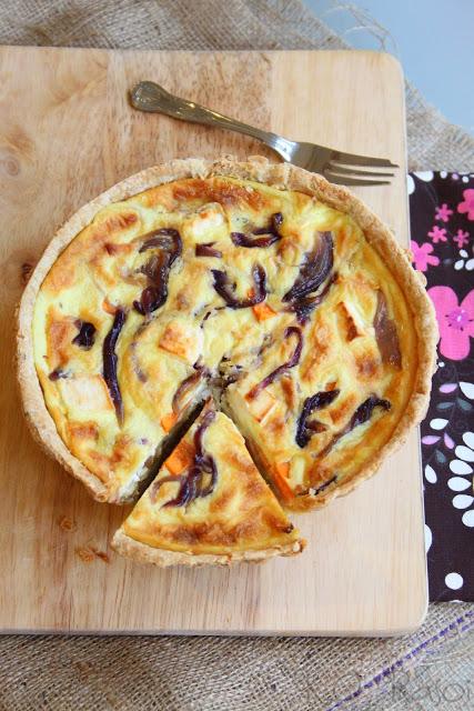Eggless Quiche with Sweet Potatoes, Caramelised Onions and Feta Was it you who said egg-free quiches were as impossible to make as licking your own elbow?