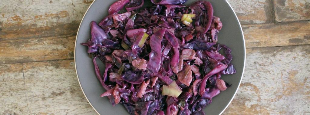 Braised Red Cabbage and Bacon 9 ingredients 30 minutes 4 servings 1. Add the olive oil to a heavy casserole dish and turn the heat to medium. 2.