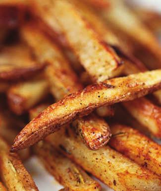 Oven Fries 3 potatoes 2 tablespoons vegetable oil Serves 4 1. Preheat oven 425 degrees. 2. After washing and peeling potatoes, put on cutting board and cut in half lengthwise. 3. Place the potato halves flat side down, and cut each intothin slices.
