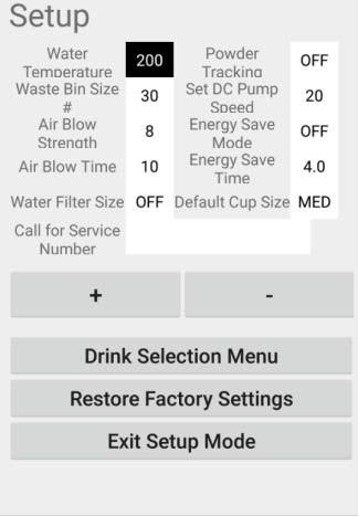 displayed As Default Drink Selection Menu See Below Restore Factory Settings Exit Setup Mode Water Filter Remaining Gal* *NOT SHOWN IF NOT USING A