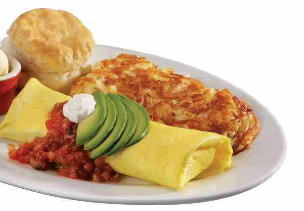 Elmer s Omelet Hickory smoked ham, Swiss cheese, diced tomatoes and mushrooms. Topped with classic Hollandaise sauce.