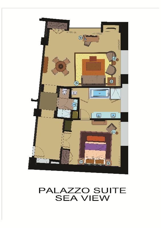 PALAZZO SUITE SEA VIEW FEATURES ROOM SET UP ROOM SERVICES 20 ROOMS ON ARRIVAL DAY FRUIT BASKET COFFEE & TEA SET UP 108 M² LOCAL WINE (75 CL) BVLGARI BATH COSMETICS SEA AND POOL VIEW CHOCOLATE & SWEET