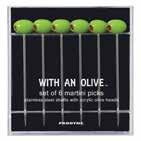 PICKS Set of 6 high quality stainless-steel picks with acrylic olive heads. Add a little fun to any martini.