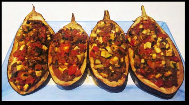 Place ¾ to 1 cup of vegetable mixture into the middle of each eggplant shell.