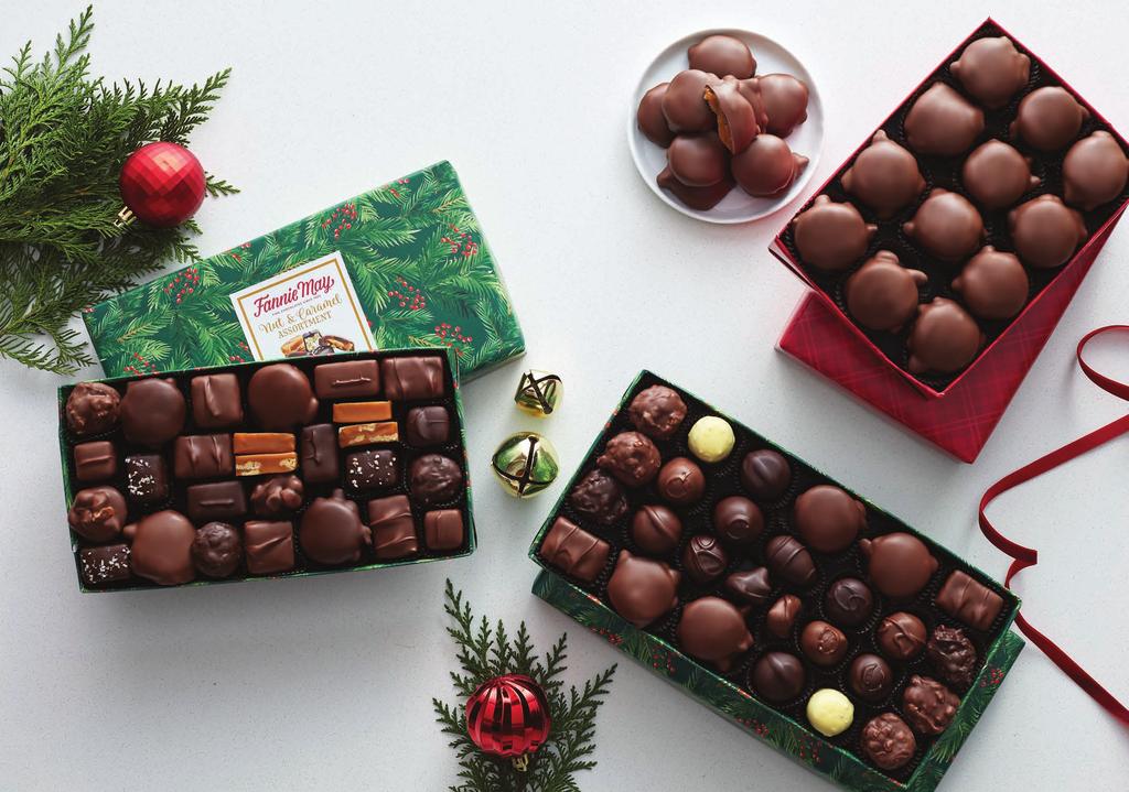 HOLIDAY classics D A D-E. PIXIES Buttery smooth caramel and fresh pecans drenched in luscious rich milk chocolate for a one-of-a-kind chewy, crunchy, creamy taste sensation. D. 97591 1lb Pixies, Red Gift Wrap E.