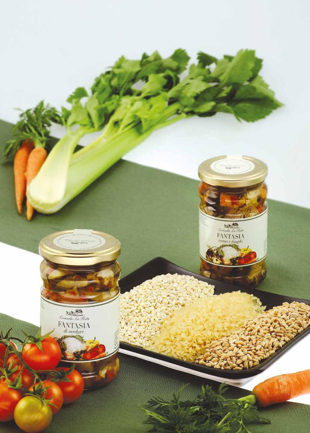 Condiment for rice, barley and spelled 001 (1) Vegetable fantasy 002 (2) Mushroom and tuna fantasy 1) Ingredients: artichokes, carrot, cauliflower, pepper, onion, gherkin, leccine olives,