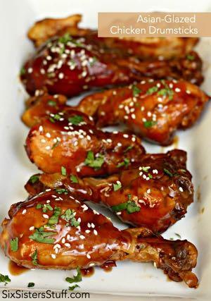 DAY 1 SMALLER FAMILY HEALTHY PLAN ASIAN GLAZED CHICKEN DRUMSTICKS M A I N D I S H Serves: 4 Prep Time: 5 Minutes Cook Time: 35 Minutes Calories: 206 Fat: 5.7 Carbohydrates: 8.9 Protein: 27.4 Fiber: 0.