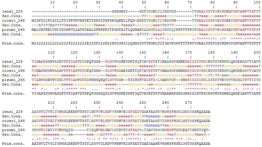 multiple sequence alignment (shown respectively in Figure 2 and 3). Figure 2: GOR result of lectin protein for Lens culinaris, cicer arietinum and Pisum sativum.