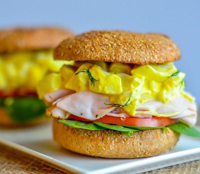 TURKEY & EGG SALAD SANDWICH 1 egg 1) Boil eggs. Once done, peel 2 egg whites eggs. Place in a bowl. 1/4 cup 2% Greek yogurt 2) Remove the egg yolk from 2 1/2 tbsp mustard of the eggs.