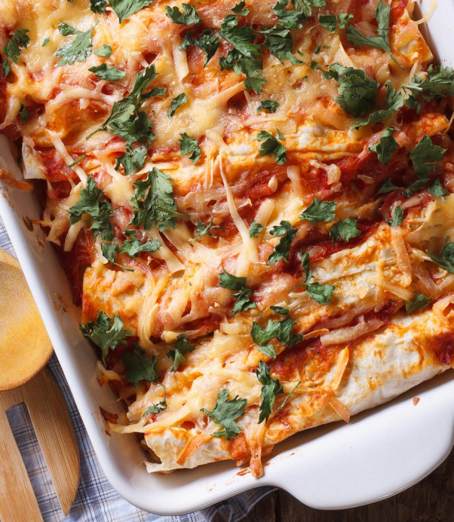 Chicken ENCHILADAS DONE LIGHT Serves 4 (planned leftovers) 2 cooked chicken breasts, shredded ½ onion, chopped ½ cup (125 ml) light sour cream 1 cup (250 ml) shredded 2% reduced fat Cheddar cheese,
