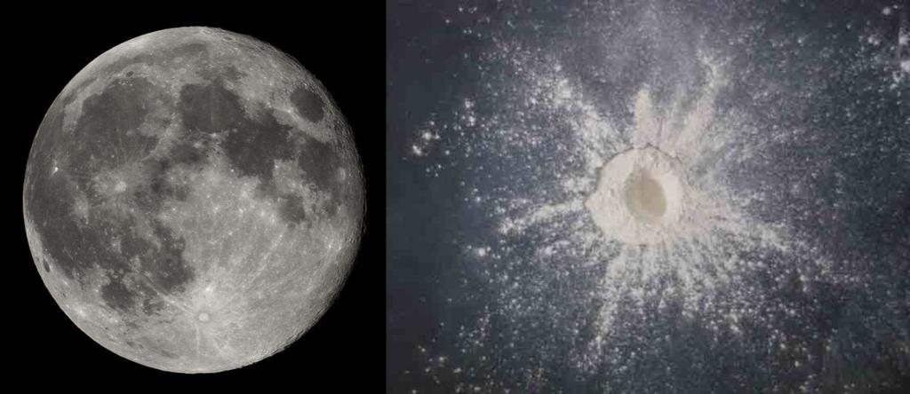 Slika 7. Lijevo: krater Tycho na Mjesecu;(slika preuzeta iz [1] Desno: laboratorijski krater. Podlogu smo prekrili crnim hamer-papirom kako bi se vidjela distribucija izbačenog materijala.