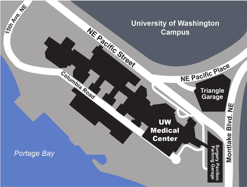 Địa Điểm và Chỗ Đậu Xe UWMC UWMC nằm ở cuối về phía nam của khuôn viên Trường University of Washington, địa chỉ là 1959 N.E. Pacific St., Seattle.