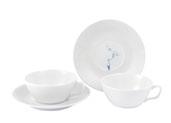 79A466-C3710-1 TEA SET 9-piece set: 2 tea cups, 1 creamer, 1 pot, 1 sugar bowl in gold; 2 saucers and 2 plates in Blue Orchid Mesh White