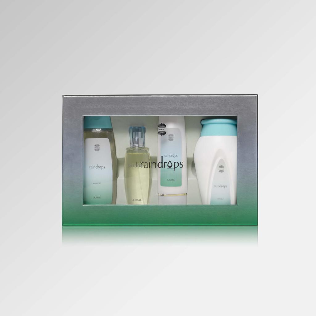 RAINDROPS GIFT SET Raindrops is a modern scent that exudes sleek and simplistic elegance, enveloping the wearer in a delicate weave of contemporary elements.