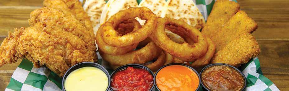 starters new! COMBO APPETIZER 12.99 (1955 CAL.) 3 crispy hand-breaded chicken tenders, 3 mozzarella planks, beer-battered onion rings and a cheese quesadilla. Served with 4 dipping sauces.