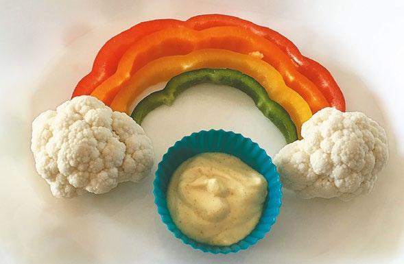 Cooking activity Crunchy Galactic Rainbow Ingredients for each child: 1 thin slice of each of the following bell peppers: red, orange, yellow and green 2 cauliflower florets, blanched 3 tbsp (45 ml)
