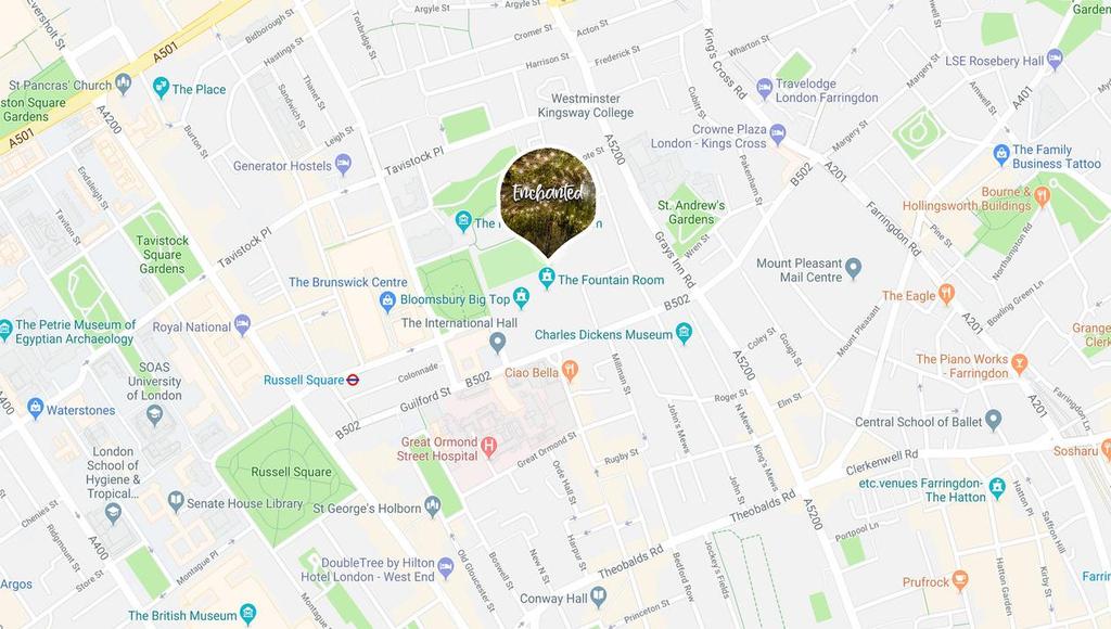 Party Location The Fountain Room Corams Fields 93 Guilford Street London WC1N 1DN Transport Nearest Underground: Russell Square (2 minutes) Nearest Overground: Kings Cross & Euston (7 minutes) Kings