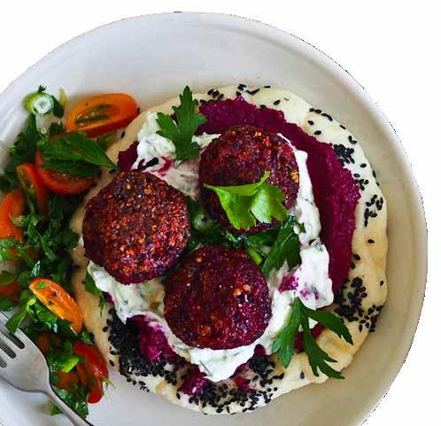 oil from pollensa HOMEMADE FALAFELS made with beetroot, chickpeas and moroccan spices, served with a greek tzatziki, hummus and roasted beetroot SPINACH AND FETA