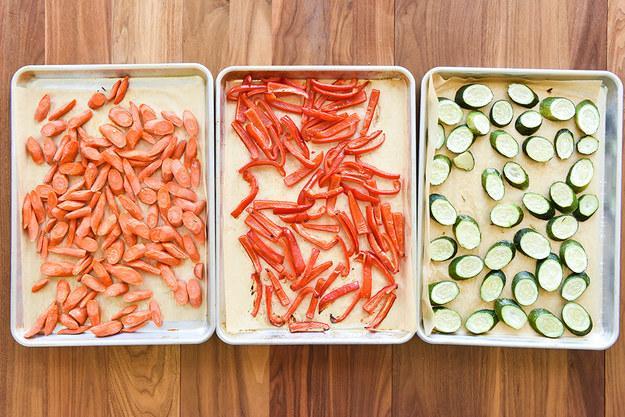 Make the roasted vegetables in one or two batches.(10 minutes to prep, 40 minutes in the oven.