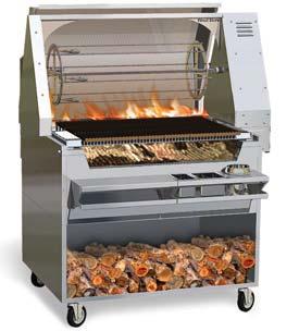 It rides on a rail system that allows the Rotisserie to be pushed to the back of the broiler for Rotisserie cooking of product, or pulled to the front of the broiler, for easy loading and unloading.