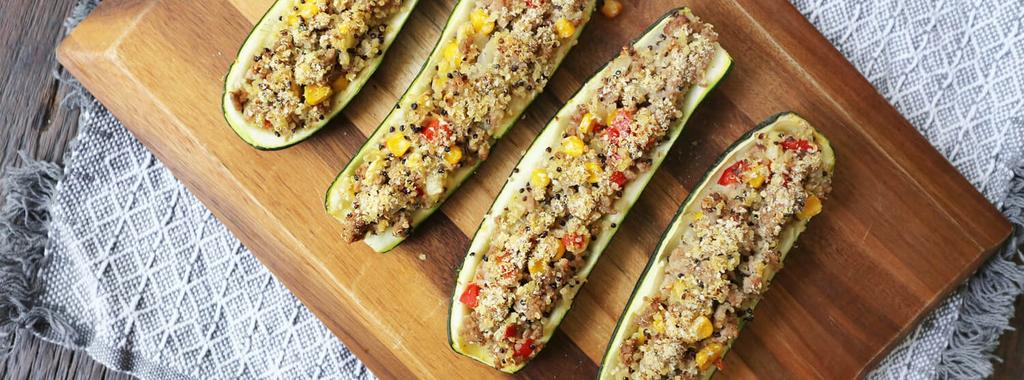 Turkey & Quinoa Zucchini Boats LOW FODMAP 11 ingredients 45 minutes 2 servings 1. Preheat oven to 350. 2. Place quinoa in a saucepan with water and bring to a boil. Turn down to simmer and cover.
