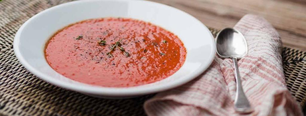 MONDAY ROASTED PEPPER AND TOMATO SOUP 2 tablespoons extra virgin olive oil, divided 1 yellow onion, coarsely chopped 2 garlic cloves, minced 2 tablespoons fresh basil, chopped 2 tablespoons thyme