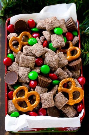 Reindeer Chow 6 cups Rice Chex cereal 1 cup semisweet chocolate chips 1/2 cup creamy peanut butter 1 cup dry brownie mix OR 1 cup powdered sugar mixed with 1 1/2 tablespoons cocoa powder 1 bag