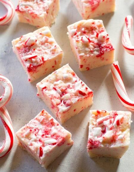 Candy Cane Fudge 2 cup white chocolate chips 6oz sweetened condensed milk ¾ cup crushed candy cane powder. 1. Line an 8x8 dish with parchment paper. 2. In a medium glass bowl, combine the chocolate chips & the sweetened condensed milk.