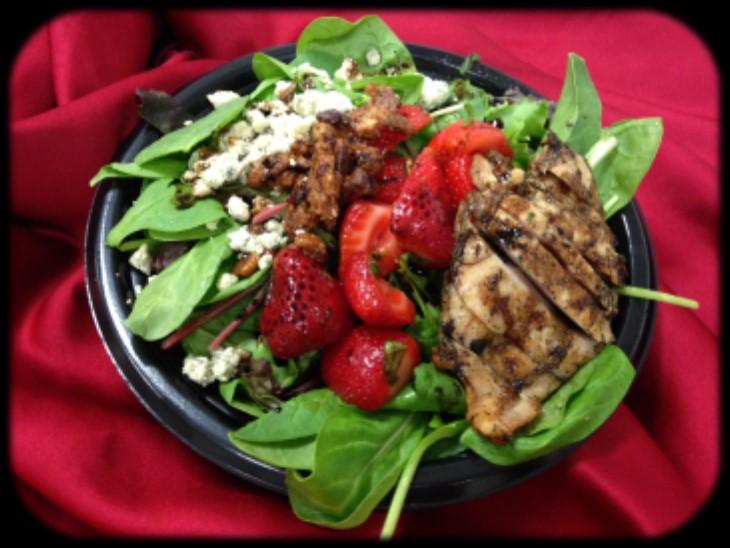25 Baby spinach, dried cherries, toasted sliced almonds, bleu cheese, and garlic croutons, served with raspberry vinaigrette Broccoli & Tomato Salad $2.