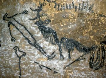 SECTION 4 Cave Painting of a Human This painting was found inside the cave at Lascaux, France. It was painted between 11,000 and 18,000 years ago. The painting shows a scene from a hunt.