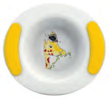 The bowl and plates come with two colourful non-slip grip pads each, while a colourful