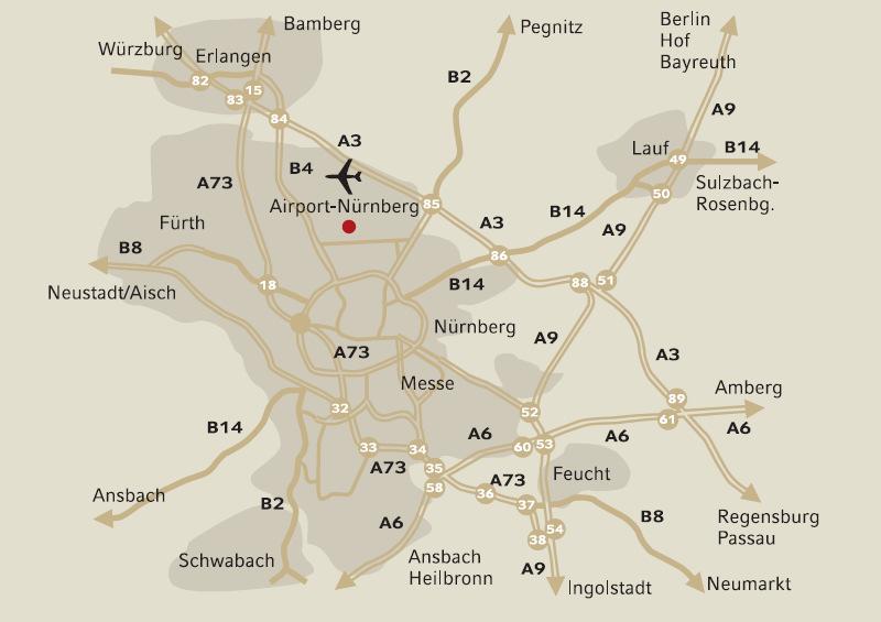 We wish you a pleasant and secure arrival Overview map City centre / old town Unidirectional from Munich highway A3 exit Nuremberg north / Airport at 1st traffic lights turn right into Bierweg, 3 km
