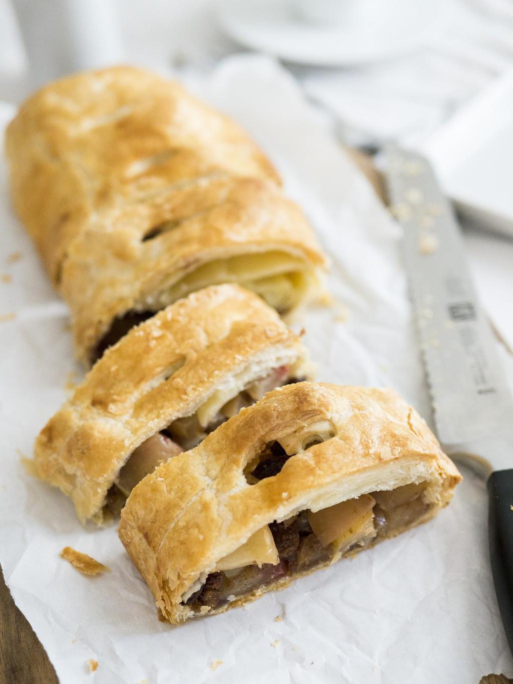 Serves 8 Prep time 0 min Baking time 0 min Easy Apple Strudel / cup raisins medium apples / cup + tsp sugar / tsp vanilla extract / cup walnuts, coarsely chopped / cup graham cracker crumbs This Puff