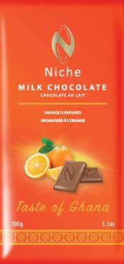 MILK CHOCOLATE - ORANGE FLAVOUR 38% Cocoa Content Origin: 100%